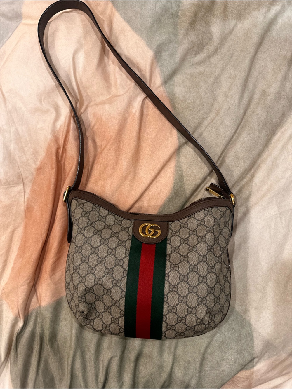 GG Supreme Monogram Web Small Ophidia Half Moon Hobo Brown